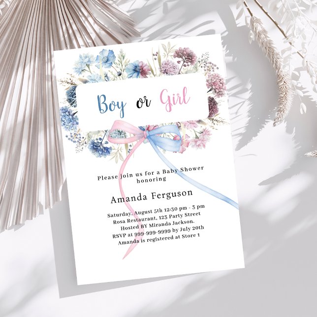 Gener reveal party blue pink florals bow boy girl invitation (Creator Uploaded)