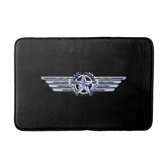 General Air Pilot Chrome Like Star Wings Black Bath Mat (Front)