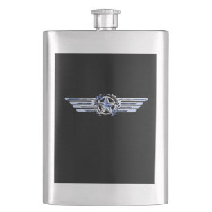 General Air Pilot Chrome Like Star Wings Black Hip Flask