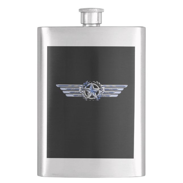 General Air Pilot Chrome Like Star Wings Black Hip Flask (Front)