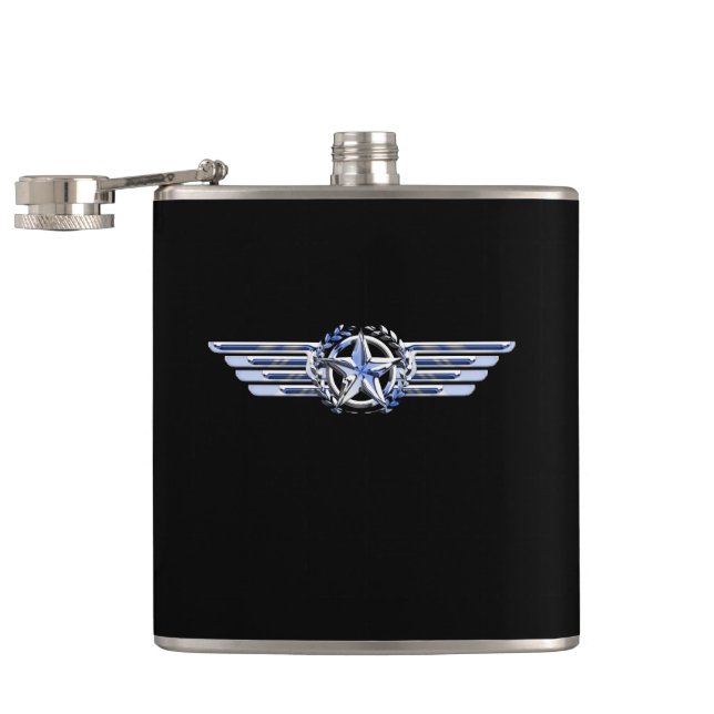 General Air Pilot Chrome Like Star Wings Black Hip Flask (Opened)