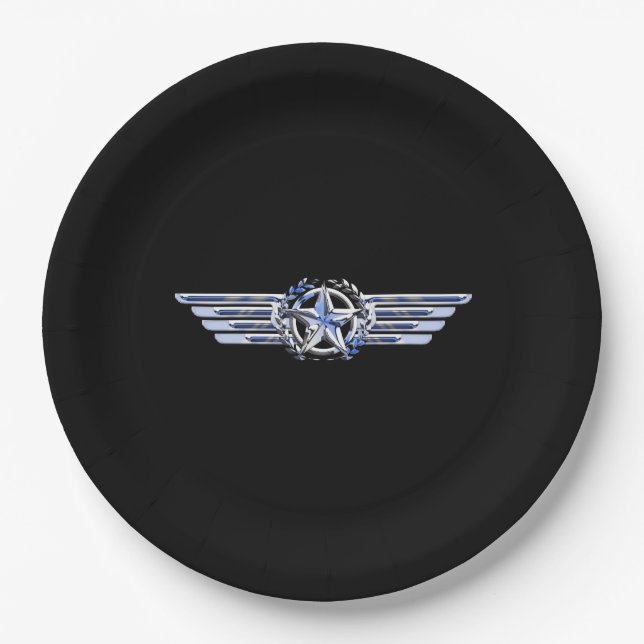 General Air Pilot Chrome Like Star Wings Black Paper Plate (Front)