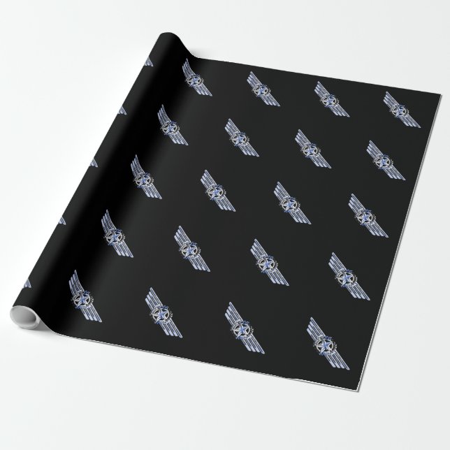 General Air Pilot Chrome Like Star Wings Black Wrapping Paper (Unrolled)