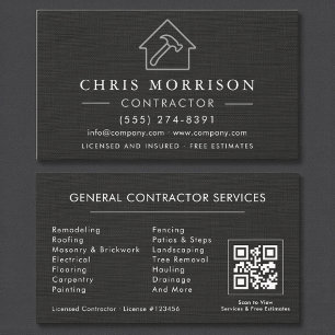 General Construction Black Silver Linen QR Code Business Card