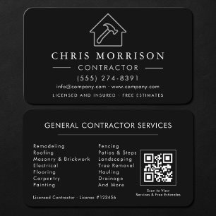 General Construction Contractor QR Code Black Business Card