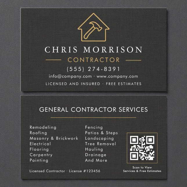 General Construction Linen Black Gold QR Code Business Card (Creator Uploaded)