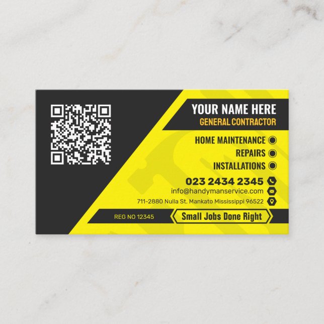 General Contractor, Handyman service, Construction Business Card (Front)