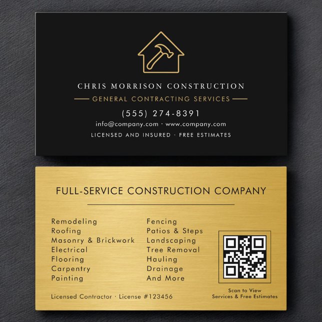 General Contractor Metallic Gold & Black QR Code Business Card (Creator Uploaded)