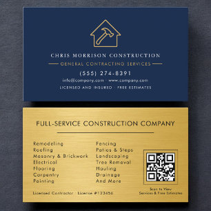 General Contractor Metallic Gold Navy Blue QR Code Business Card