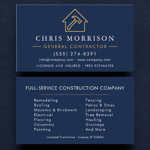 General Contractor Navy Blue Gold Business Card