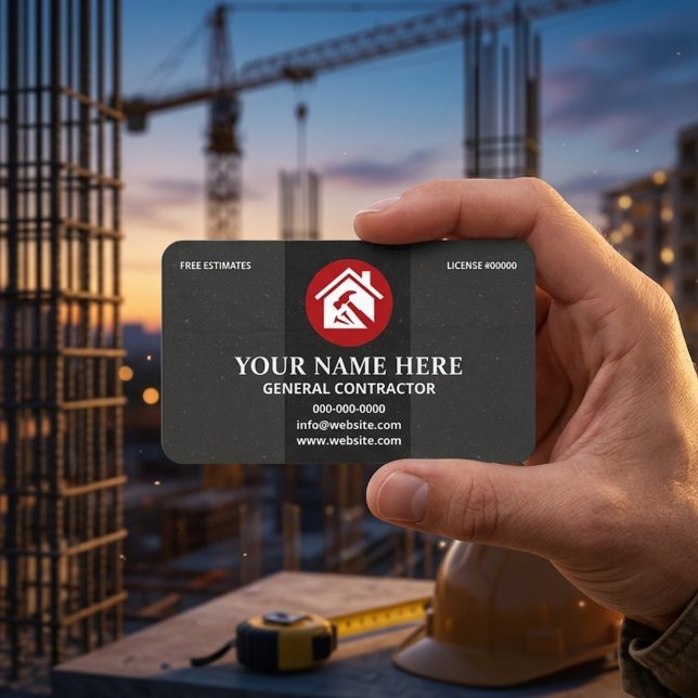 General Contractor Professional Charcoal & Red  Business Card (Creator Uploaded)