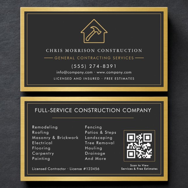 General Contractor QR Code Gold Industrial  Business Card (Creator Uploaded)