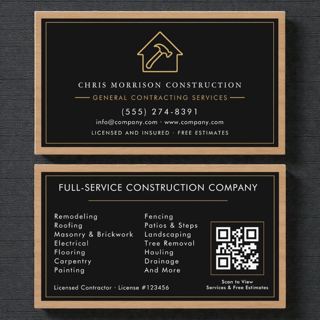 General Contractor QR Code Wood  Business Card (Creator Uploaded)