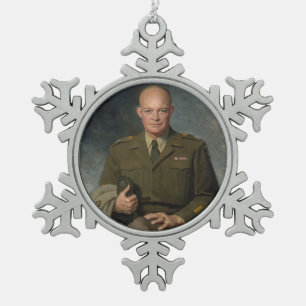 General Dwight Eisenhower 5 Star Painted Portrait Snowflake Pewter Christmas Ornament