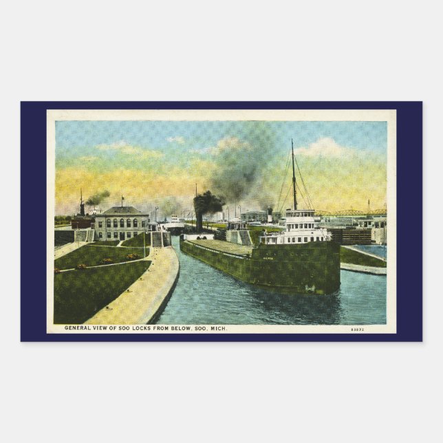 General View of Soo Locks from below, Soo, MI Rectangular Sticker (Front)