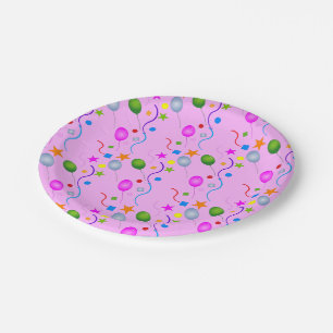 Generic Festive Balloons and Streamers on PINK Paper Plate