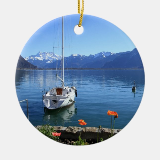 Geneva lake scenery, Montreux, Switzerland Ceramic Tree Decoration (Front)