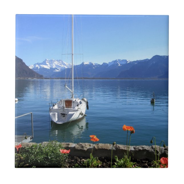 Geneva lake scenery, Montreux, Switzerland Tile (Front)