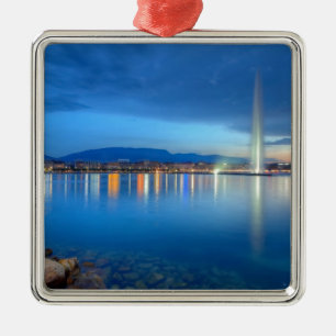 Geneva panorama with famous fountain, Switzerland, Metal Tree Decoration