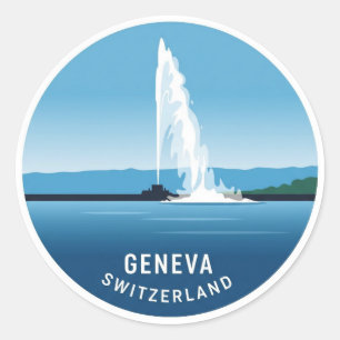 Geneva Street Switzerland Travel Jet d'eau Sunset Classic Round Sticker