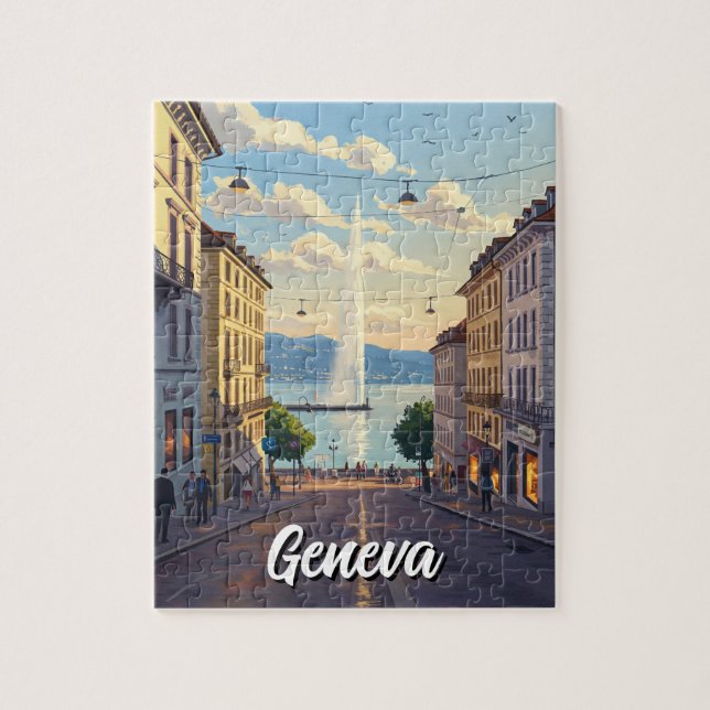 Geneva Street Switzerland Travel Jet d'eau Sunset Jigsaw Puzzle (Vertical)