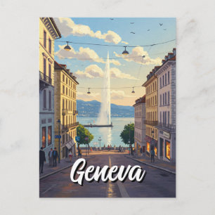 Geneva Street Switzerland Travel Jet d'eau Sunset Postcard