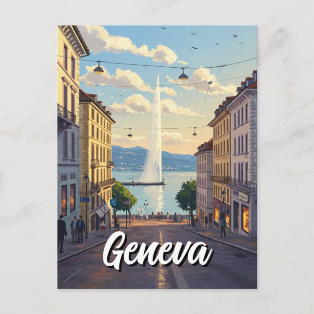 Geneva Street Switzerland Travel Jet d'eau Sunset Postcard (Front)