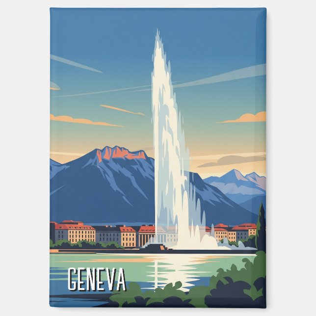 Geneva Street Switzerland Travel Jet d'eau Vintage Magnet (Front)