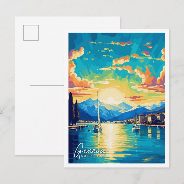Geneva Switzerland Art vintage travel illustration Postcard (Front/Back)