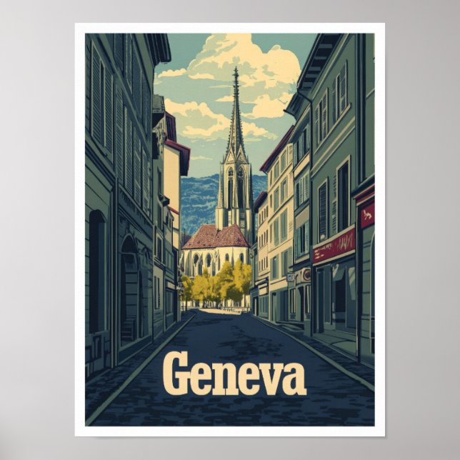 Geneva Switzerland Art Vintage Travel Illustration Poster (Front)