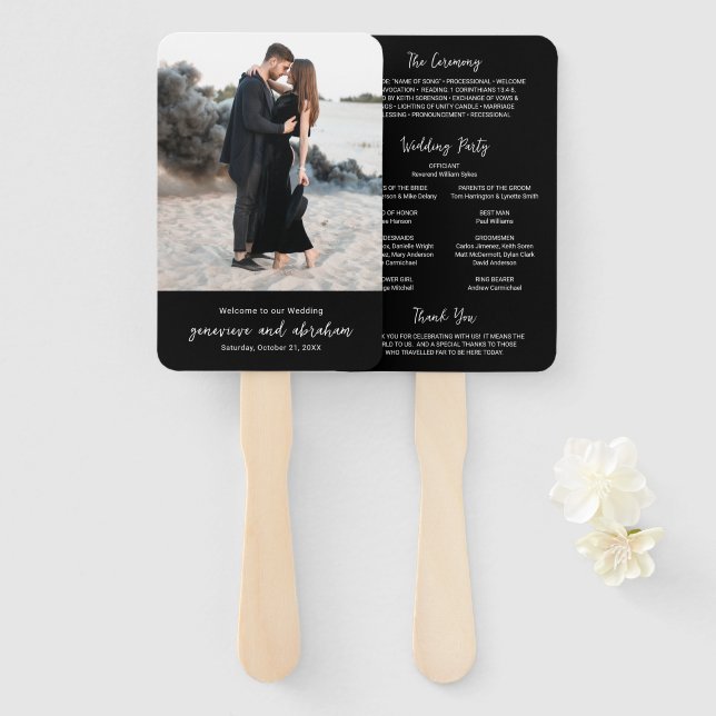 Genevieve Black Photo Modern Wedding Program Hand Fan (Front and Back)