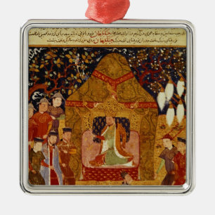 Genghis Khan in his tent by Rashid al-Din Metal Tree Decoration