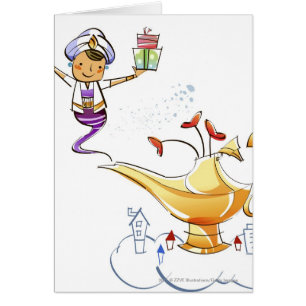 Genie bringing a house and gifts from a magic lamp