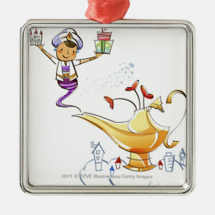 Genie bringing a house and gifts from a magic lamp metal tree decoration