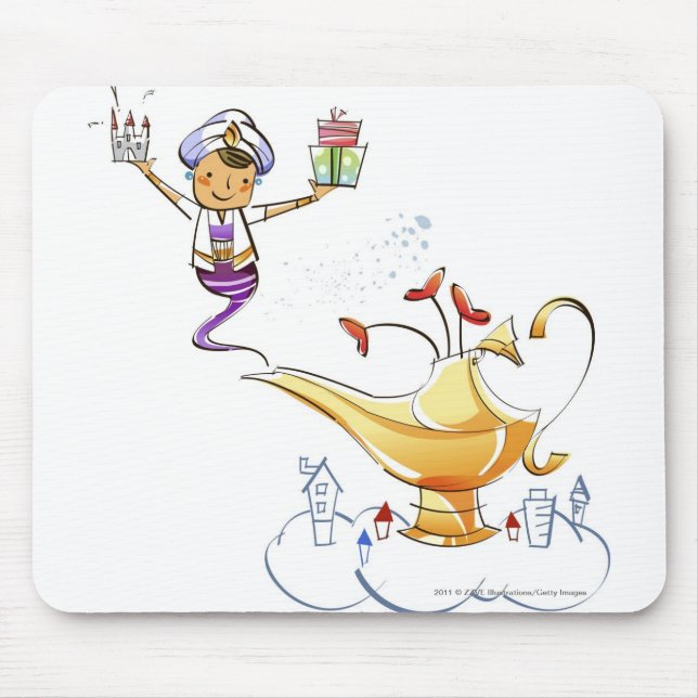 Genie bringing a house and gifts from a magic lamp mouse pad (Front)