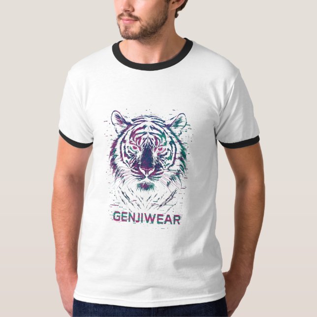 Genjiwear Glitch Tiger – Neon Cyber Beast Streetwe T-Shirt (Front)