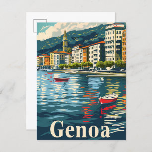 Genoa Italy Vintage Retro Travel Illustration Postcard