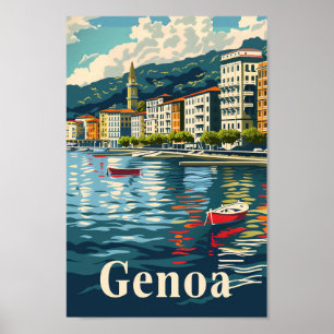Genoa Italy Vintage Retro Travel Illustration Poster