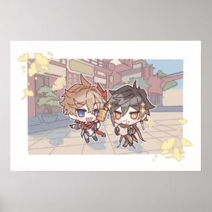 Genshin Impact Chibi A Date of Childe and Zhongli  Poster
