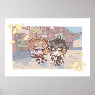 Genshin Impact Chibi A Date of Childe and Zhongli  Poster