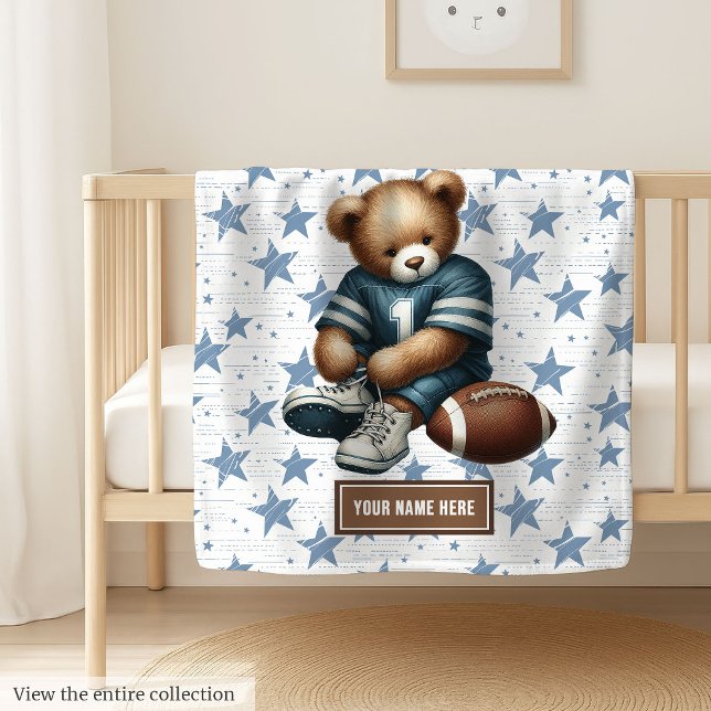 Gentle American Football Teddy Bear Baby Blanket (Personalized American football teddy bear blanket, unique and special boy birthday gift idea.)