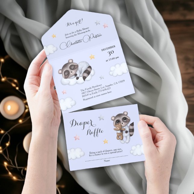 Gentle Baby Boy Racoon Blue Baby Shower  All In One Invitation (Gentle Baby Boy Raccoon Blue Baby Shower All In One Invitation)