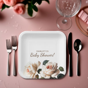 Gentle Beige Rose Girl Baby Shower Paper Plate