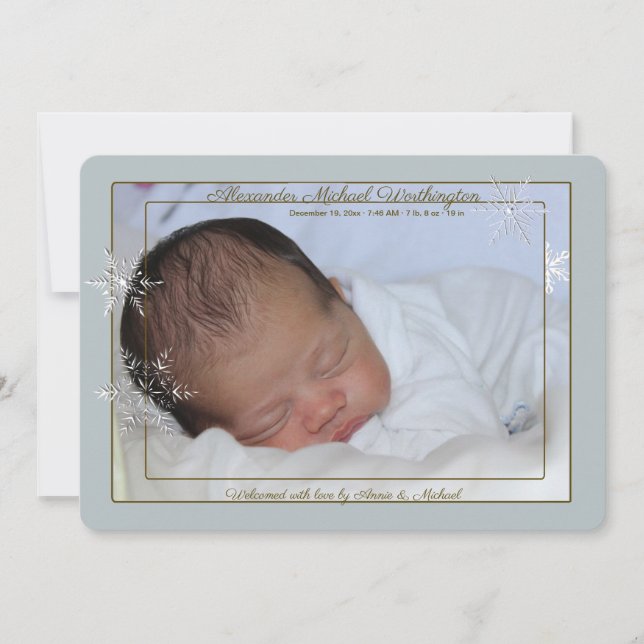 Gentle Blue Snowflakes Photo Birth Announcement (Front)