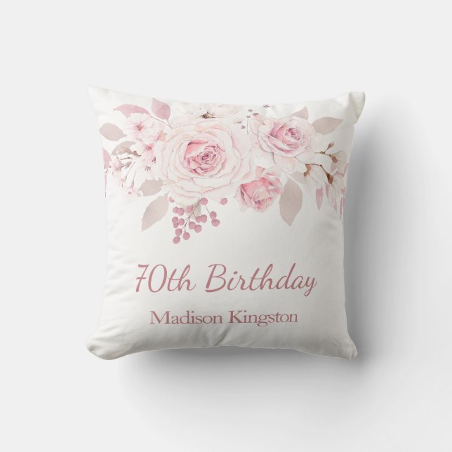 Gentle Blush Pink Floral 70th Birthday Party Gift Cushion (Front)