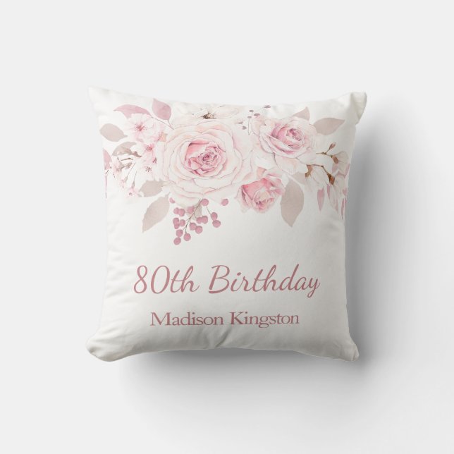 Gentle Blush Pink Floral 80th Birthday Party Gift Cushion (Front)
