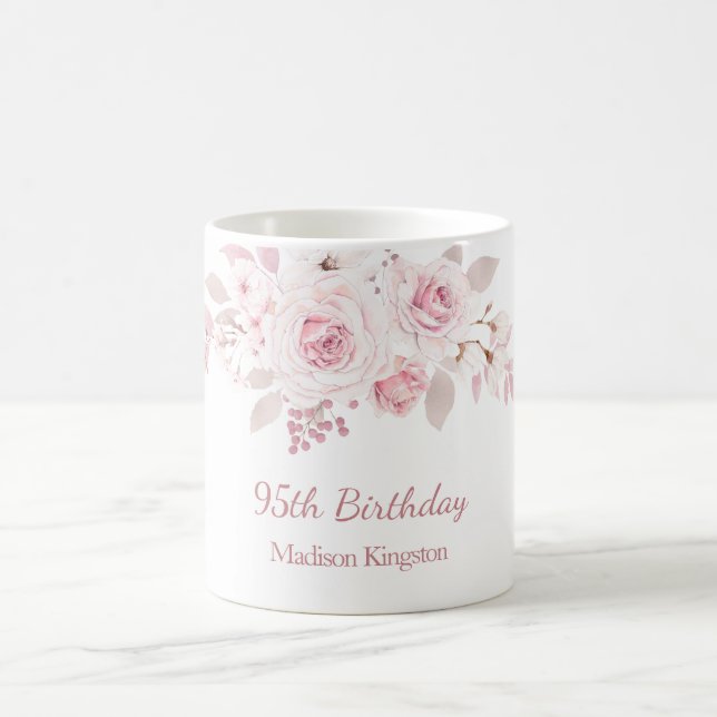 Gentle Blush Pink Floral 95th Birthday Party Gift Coffee Mug (Center)