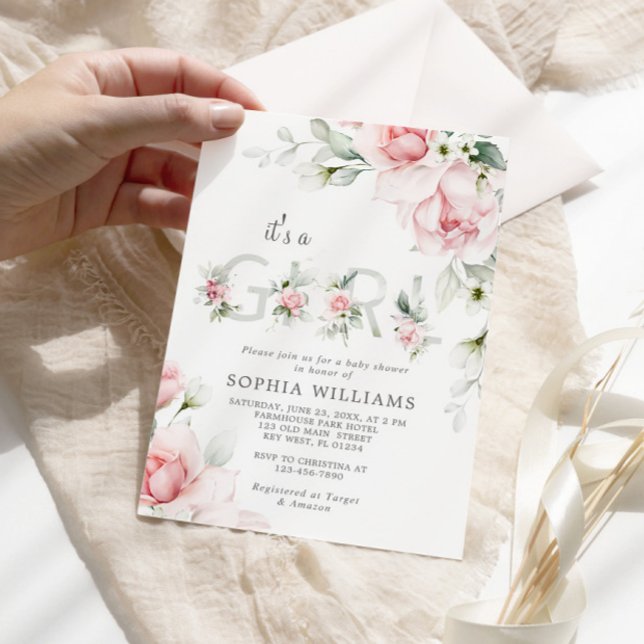 Gentle Blush Pink Rose It's a Girl Baby Shower Invitation (Creator Uploaded)