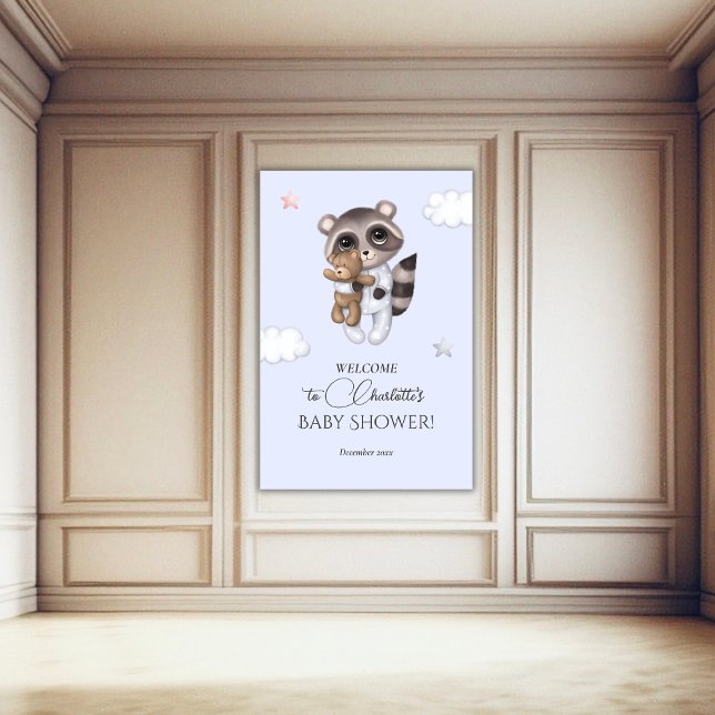 Gentle Boy Raccoon Blue Baby Shower Welcome Poster (Gentle Boy Raccoon Blue Baby Shower Welcome Poster)