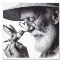 Gentle Connection Elderly Man and Hummingbird Art